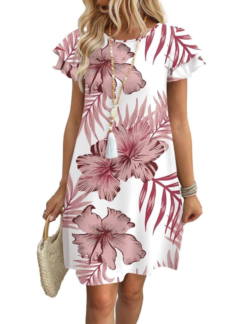 Women's Pink White Floral Polyester Blend Cap Sleeve Crew Neck Pull On Mini Dres